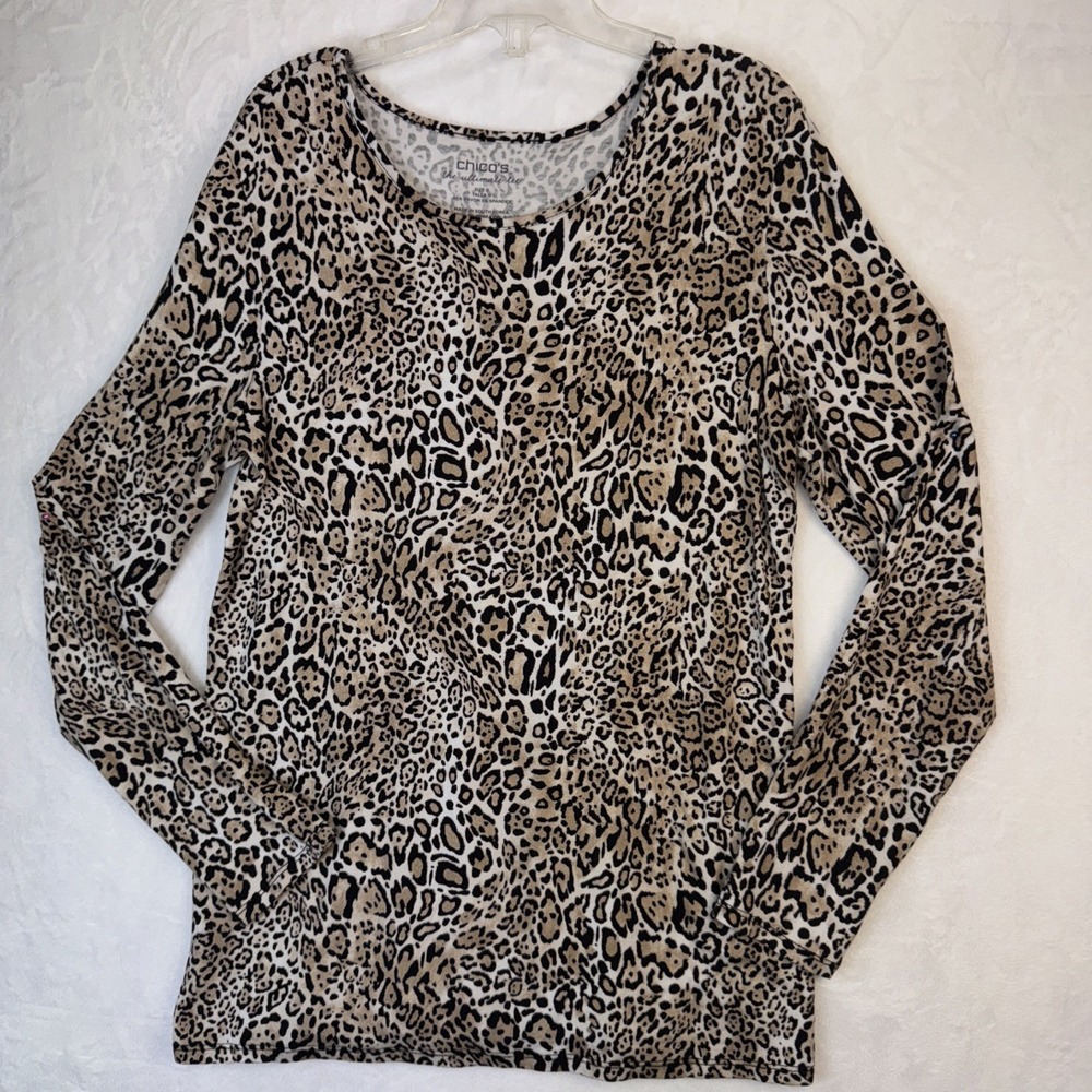 Chicos The Ultimate Tee Women Sz 8 Small Leopard Print Long Sleeve  Stretch